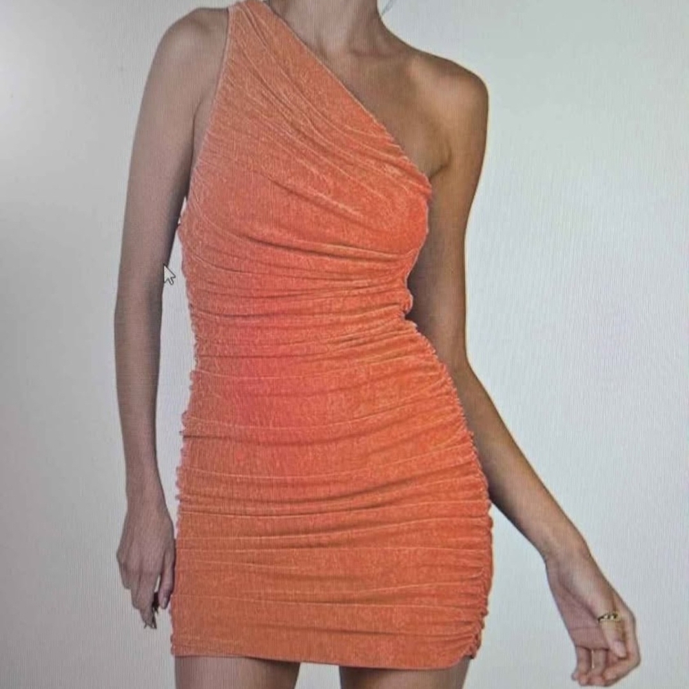 Bold Orange One-Shoulder Fitted Ruched Mini Dress (New)